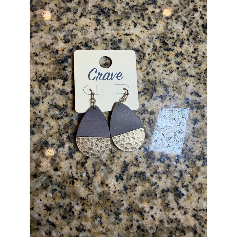 Crave Teardrop Earrings Wood and Hammered Gold Tone Dangle French Hook Boho New